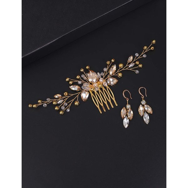 BERYUAN Women Champagne Crystal Earring Hair Vine Set Gold Wedding Hair Accessory Gold Hair Comb Party Prom Headpiece for Bride Bridesmaid Girls