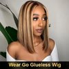 ISEE Wear and Go Glueless Wigs Human Hair Pre Plucked Pre Cut Ombre Highlight Bob Wig Human Hair for Women 180% Density 4x4 Straight Transparent Lace Front Wigs for Beginners 12 Inch