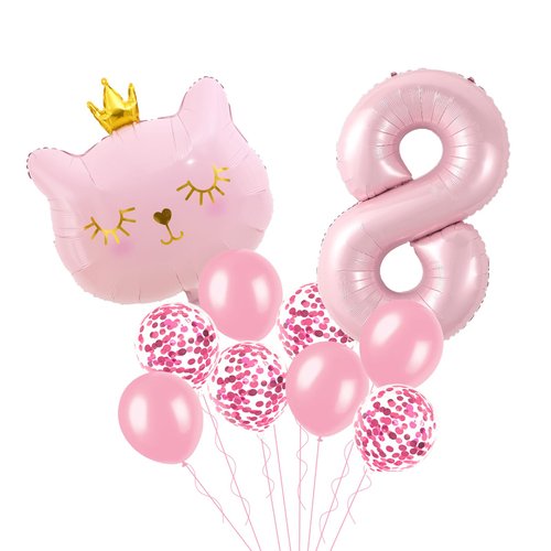Cat Birthday Decorations, Cat Balloons, Pink 8 Balloon Number, Cat Themed Birthday Party Decorations, Number 8 Balloon for Pink Birthday Decorations