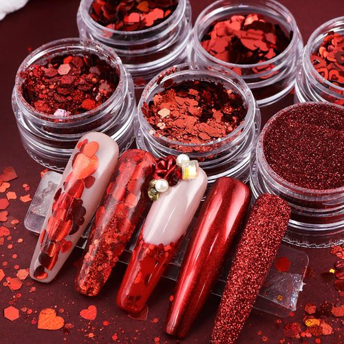 Love Heart Nail Sequins Red Nail Glitter Powder Valentine's Day Heart Nail Art Flakes Powder Kit for Acrylic Festival Nails Decorations DIY Sparkly False Nails Crafts (6 Jars)