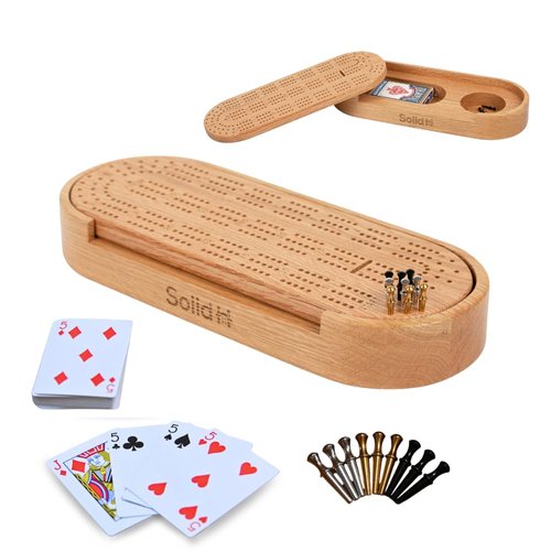 Premium Oak Cribbage Board Game Set -Unique Cribbage Board Includes Playing Cards, Metal Cribbage Pegs, Instructions, & More - Beautiful Design Cribbage Board Set - Cribbage Set