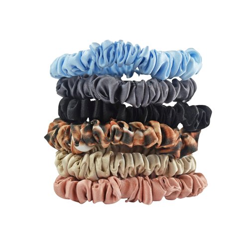 NGHT Silk Scrunchies for Women's Hair - 100% Thin Silk Scrunchies with Elastic Band Small - Ponytail holders for Girls - Multi-colored Pack of 6