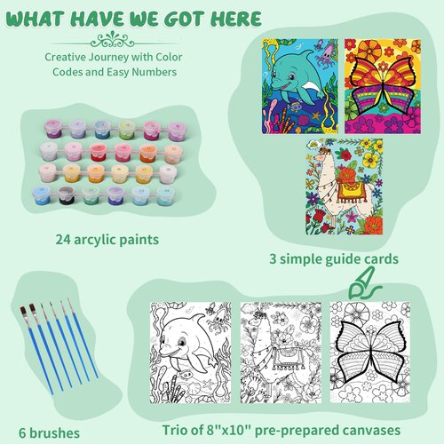 Paint by Number Kit for Kids, 3 Pack 8x10 Inch Easy Framed Canvas With 24x3ml Acrylic Paints Pots, 6 Brushes, Sip And Paint Kit For Kid, Canvas Painting Set, Canvas Boards For Painting With Design