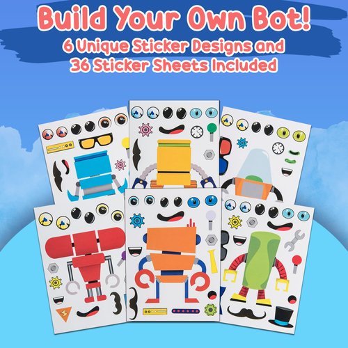 Robot 36 Make-a-Face Stickers for Kids, Forest & Twelfth DIY Sticker Sheets, 6 Unique Robot Sticker Designs, Creative Art Crafts Mix & Match Sticker Sheets, Party Favors and Reward Stickers for Kids
