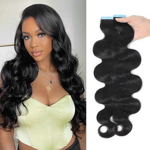 HUA Body Wave Tape in Hair Extensions Human Hair Black Women 40 Pieces Tape ins for Black Women Human Hair 16 Inch Double Sided Seamless PU Tape in Hair Extensions Natural Black Color