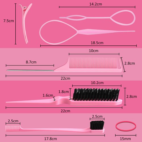 LLMSIX 7 Pcs Pink Hair Brush Set - Bristle Brush, Double Sided Brush, Topsy Tail Tools, Edge Control Brush, Metal Pin Rat Tail Combs for Styling