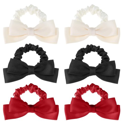 6pcs Sweet Bow Scrunchies Silk Bow Hair Ties Wine Red Black White Elastic Bowknot Hair Ties Elastic Bands Ponytail Holder Hair Ties for Thick Thin Hair