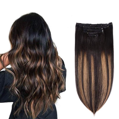 5 Pieces 20&quot; Remy Clip in Hair Extensions Human Hair Natural Black to Chestnut Brown Highlight Om...