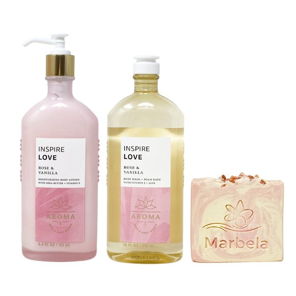 Bath & Body Works Aroma Inspire Love ROSE + VANILLA Body Lotion and Body Wash + Foam Bath Set with a Himalayan Salts Springs Bar Soap - Full Size