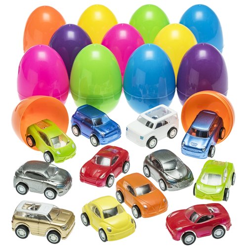 PREXTEX Stuffed Easter Eggs with Mini Pull-Back Car Inside - Plastic Easter Eggs Stuffed - Easter Egg Fillers for Toddlers - Easter Toys Basket Stuffers/Fillers - Easter Gift/Presents Stuffed Eggs