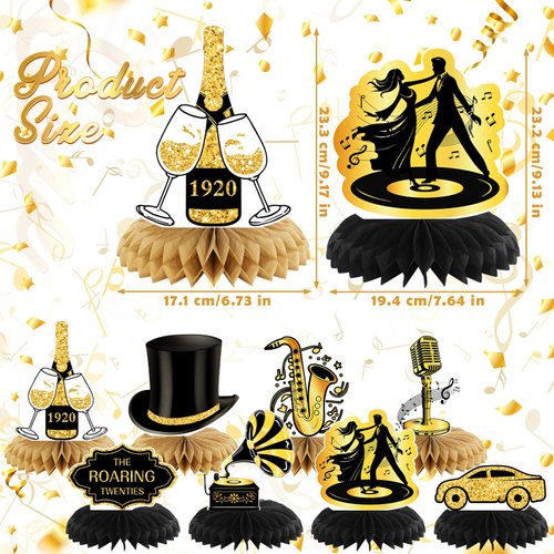 Weekgrat 8 Pcs Jumbo Roaring 1920's Party Decorations Honeycomb Centerpiece Black and Gold Birthday Music Party Table for 1920s Birthday Speakeasy Retro Flapper Wedding Party Supplies