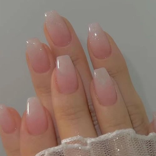 Hkanlre Bling Coffin Press on Nails Fake Nails Tips Full Cover Medium False Gradient Nails for Women and Girls 24PCS (Wihte gradient)