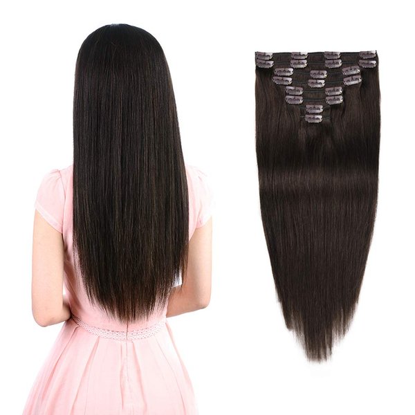 Real Clip in Hair Extensions Dark Brown 8 Pieces - Premium Womens Straight Double Weft Thick Remy Hair Extensions Clip in on Human Hair for Long Hair (20" / 20 inch, #2, 122 grams/4.3 Oz)