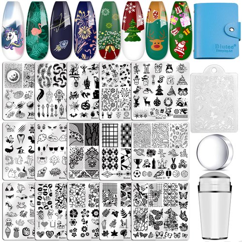 Biutee Nail Stamping Plates Set 15 pcs Nail Art Stamper Scraper Storage Bag Gift Box Nail Stamp Template Kit Lace Flower Butterfly Star Holiday Christmas Design Nail Image Plate