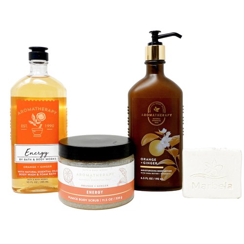 Bath & Body Works Aromatherapy Energy Orange & Ginger - Trio Gift Set - Body Lotion, Body Wash and Body Scrub With a Natural Oats Sample Soap.