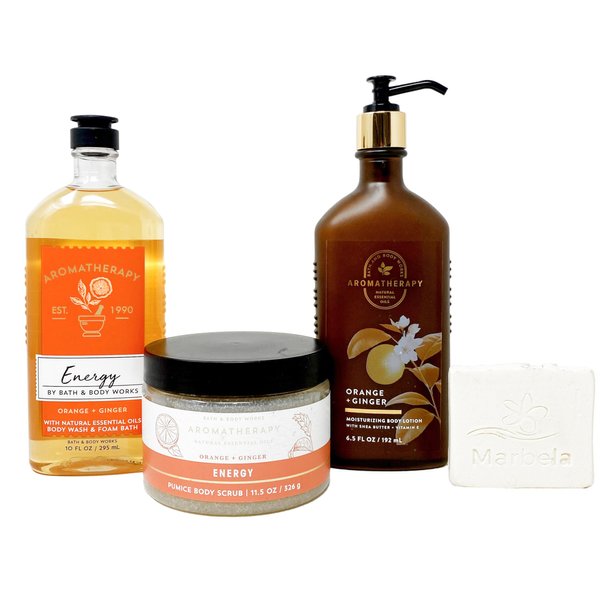 Bath & Body Works Aromatherapy Energy Orange & Ginger - Trio Gift Set - Body Lotion, Body Wash and Body Scrub With a Natural Oats Sample Soap.