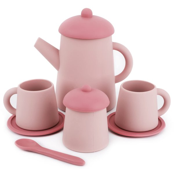 Silicone Tea Party Set, BPA Free Cute Toddler Party Bath Toy Set for Kids Pretend Play for Little Girls Kitchen Accessories for Christmas Gift (Pink)