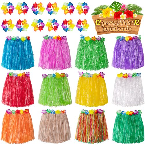 jollylife 12PCS Hawaiian Luau Hula Skirts + 12PCS Wristbands - Hibiscus Flowers Birthday Tropical Party Decorations Favors Supplies