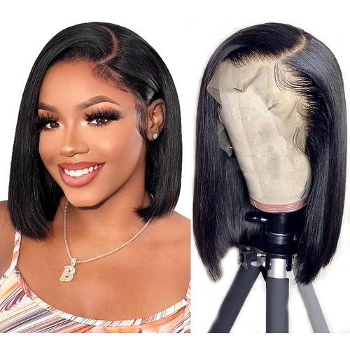 Bob Wig Human Hair 13x6 Lace Front Wigs Human Hair 180% Density Straight Frontal Wigs Human Hair HD Transparent Lace Wig Short Bob Human Hair Wigs for Black Women Pre Plucked Blunt Cut Wig (12 Inch)