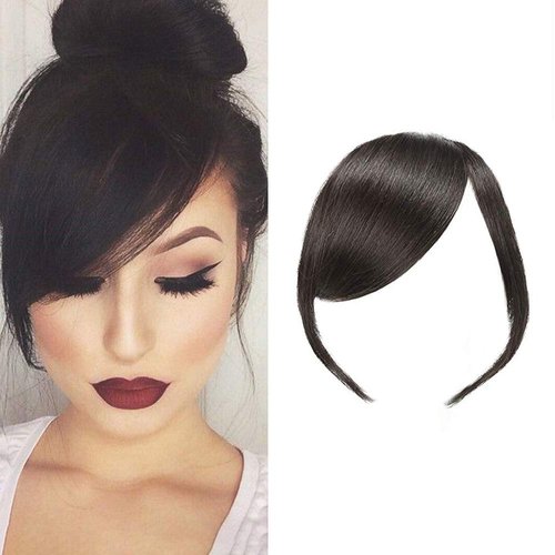Dsoar Thick Side Bangs Clip In Real Human Hair Bangs Natural Clip On Side Bangs Straight Fringe Hair Extensions(Natural Black Color,With Temples)