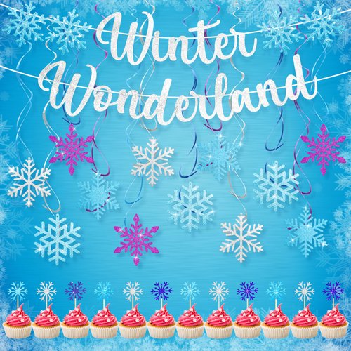 WinTS 25 Pcs Winter Party Decorations,Winter Wonderland Banner,Frozen Snowflake Hanging Swirls,Snowflake Cupcake Toppers,Winter Theme Party Decorations for Birthday,Baby Shower,Christmas