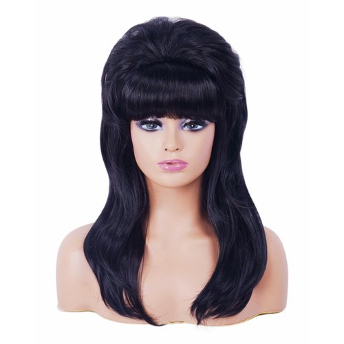 Gerulyss Retro Black Wig for 50S 60S 70S Beehive Long Wavy Wig for Women with Bangs Big Bouffant Costume Wig for Halloween,Party,Daily Use