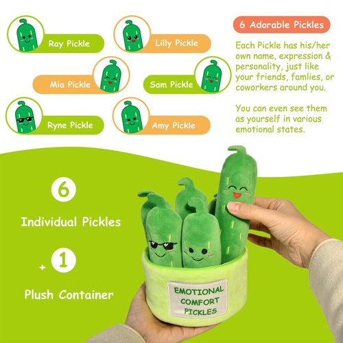 Kingwee Cute Emotional Comfort Pickles Plush Toys, 6 Stuffed Pickles Set in 1 Soft Plush Container, Pickle Ornaments Stuffed Animal Gift for Women & Men, Girls, Friends, & Coworkers