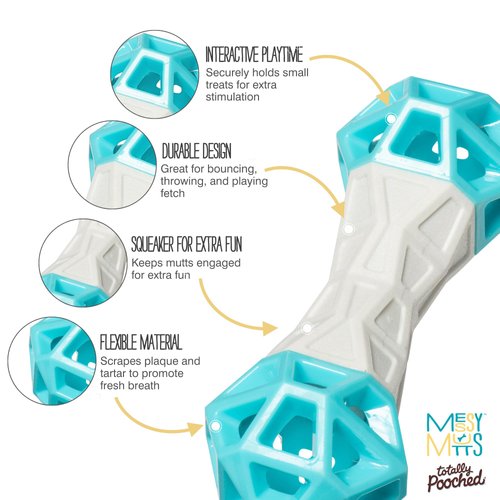 Messy Mutts Totally Pooched Flex n' Squeak Dumbbell | 7” Durable Foam Rubber Dog Toy with Squeaker | Made for Tough Chewers | Interactive Treat Puzzle for Dogs | Grey/Teal