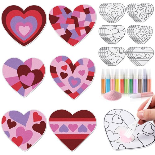 Relaxgiant 24 Sets Valentine Hearts Sand Art Craft Kit with Colored Sand Brushes DIY Valentine's Day Sand Painting Craft Create Your Own Sand Art for Kids Party Supplies Fun Home Activities