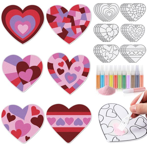 Relaxgiant 24 Sets Valentine Hearts Sand Art Craft Kit with Colored Sand Brushes DIY Valentine's Day Sand Painting Craft Create Your Own Sand Art for Kids Party Supplies Fun Home Activities