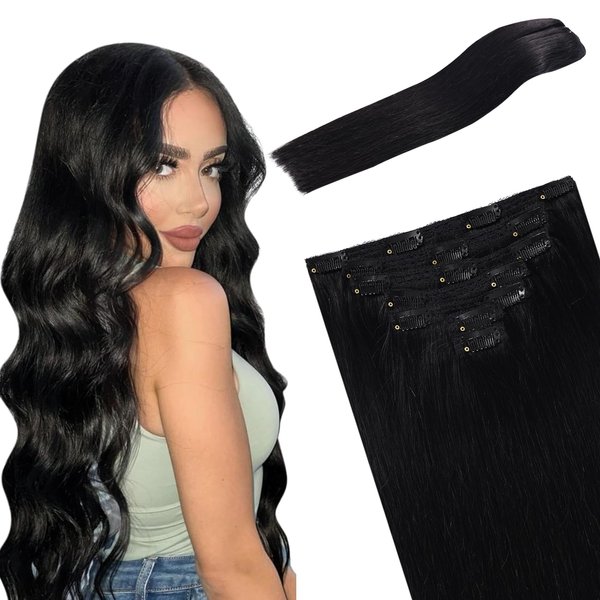 FUBILI Black Clip in Human Hair Extensions 14 Inch Clip In Hair Extensions Lace Weft Real Human Hair Natural Black Brazilian Hair Clip in Extensions Silky Straight Remy Human Hair 7pcs 105g