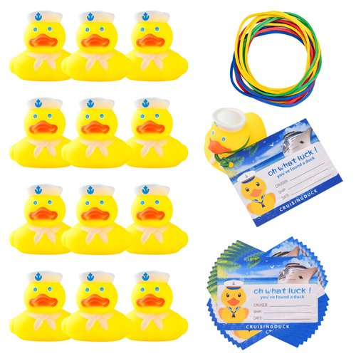 36 Pack Duck Tag Cruise Kits Includes 12pcs Rubber Sailing Ducks, 12pcs Ducks Tags and 12pcs Rubber Bands for Cruise Ships Hiding Carnival Ducking Car Party Carnival Decor Supplies