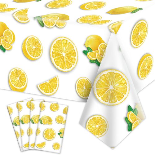 PTECDROTS 4Pcs Lemon Party Tablecloths, Yellow Tablecloth Plastic, Rectangular Lemonade Stand Sup...