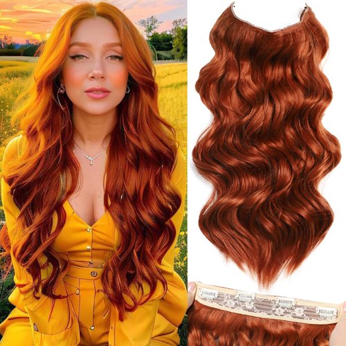 SilkStrands Halo Hair Extensions 20 Inch Invisible Wire Hair Extensions with 4 Secure Clips Copper Red Hair Extensions Adjustable Long Wavy Hair Extensions for Women Upgrade Secret Hairpiece for Women