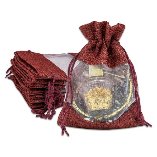 TheDisplayGuys - 48-Pack 3.5x5.5 Linen Burlap & Sheer Organza Gift Bag with Drawstring for Party Favors, Presents, Samples & Treats Mesh Pouch (Maroon, Small)