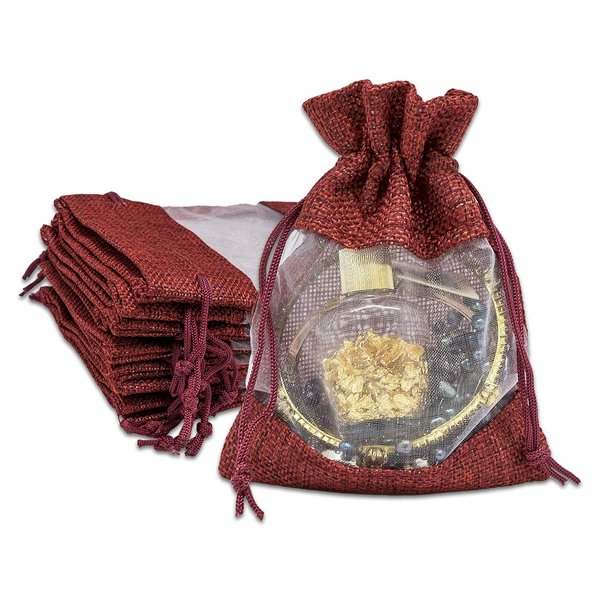 TheDisplayGuys - 48-Pack 3.5x5.5 Linen Burlap & Sheer Organza Gift Bag with Drawstring for Party Favors, Presents, Samples & Treats Mesh Pouch (Maroon, Small)