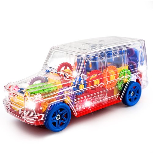 Playee SUV Bump and Go Off Road Vehicle with Moving Gears – Light Up Transparent Toy with Music and LED Lights – 8 Inch Sensory Toy for Toddlers and Kids – Birthday Gift Idea