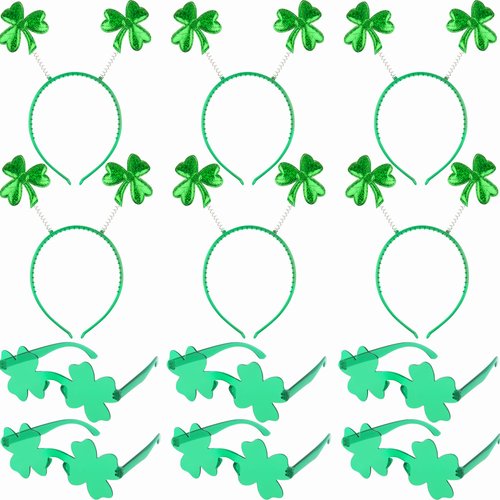 Cagemoga 6 Pack St. Patrick&#39;s Day Headbands Shamrock Head Boppers and 6 Pack Green Shamrock Sungl...
