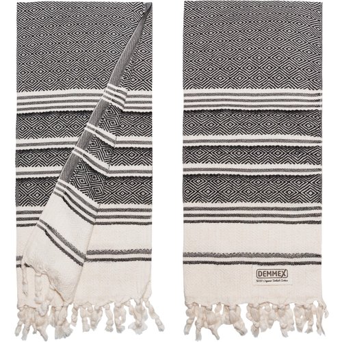 DEMMEX Certified Organic Cotton Turkish Hand Towels for Bathroom - Set of 2, Kitchen, Gym Towels - Thin Light Compact Travel Towels, Quick Dry, Diamond Weave, Prewashed, 18x36, Black