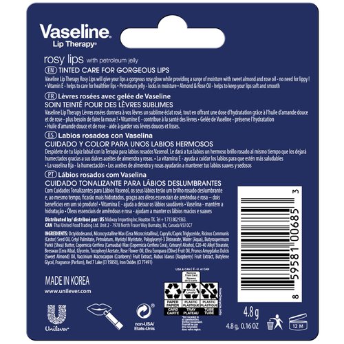 Vaseline Lip Therapy Rosy Lips - Hydrating Lip Balm Pack, Vaseline Stick, Lip Moisturizer for Dry Lips, 0.16 Oz Each (Pack of 12)