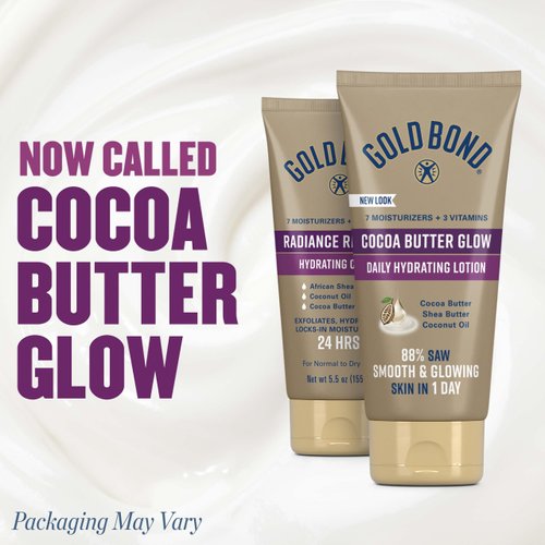 Gold Bond Cocoa Butter Glow Daily Hydrating Lotion with Shea Butter, Cocoa Butter & Coconut Oil, Exfoliating Moisturizer for Dry Skin, 5.5 oz.