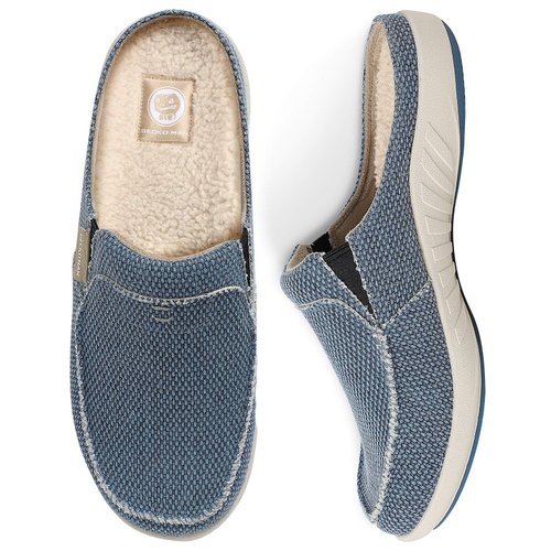 Mens Slippers with Arch Support, Canvas House Slipper for Men with Cozy Fuzzy Wool and Velvet Lining, Slip On Clog House Shoes with Indoor Outdoor Anti-Skid Rubber Sole, Navy