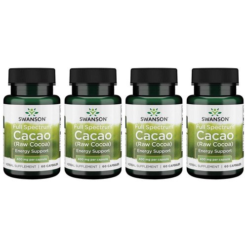 Swanson Full Spectrum Cacao (Raw Cocoa) - Herbal Supplement Promoting Mild Energy Support - Traditional Whole Fruit Formula - (60 Capsules, 400mg Each) 4 Pack