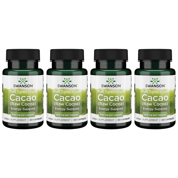 Swanson Full Spectrum Cacao (Raw Cocoa) - Herbal Supplement Promoting Mild Energy Support - Traditional Whole Fruit Formula - (60 Capsules, 400mg Each) 4 Pack