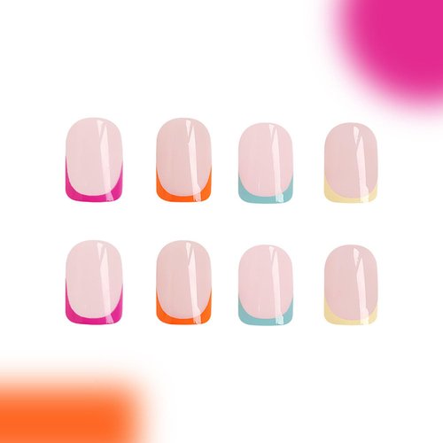 Generic Colorful French Tip Press on Nails Short Square Fake Nails Nude Pink False Nails Natural Glue on Nails Full Cover Acrylic Stick on Nails for Women Manicure Kit 24Pcs