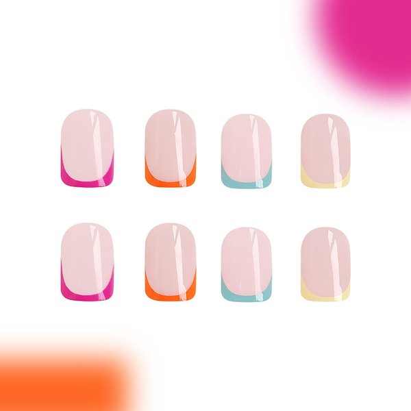 Generic Colorful French Tip Press on Nails Short Square Fake Nails Nude Pink False Nails Natural Glue on Nails Full Cover Acrylic Stick on Nails for Women Manicure Kit 24Pcs