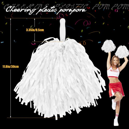 Faxco 12Pack Plastic Pom Poms Cheerleading Pom Poms Sports Dance Cheer Plastic Pom Pom for Rooters,Cheering Squard,Cheering Team (White)
