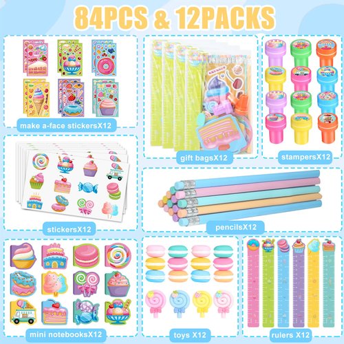 BenLouis 96Pcs Candyland Party Favors Ice Cream Donut Mini Notebook Stampers School Stationery Bulk for Kids Lollipop Sweet Treats Birthday Goodie Bags Pinata Filler Classroom Prizes Supplies