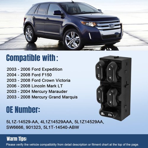 LCWRGS Driver Side Master Power Window Switch 5L1Z14529AA Replacement for Ford F150 2004 2005 2006 2007 2008, Ford Expedition 2003 2004 2005 2006, Ford Crown Victoria 2003-2008