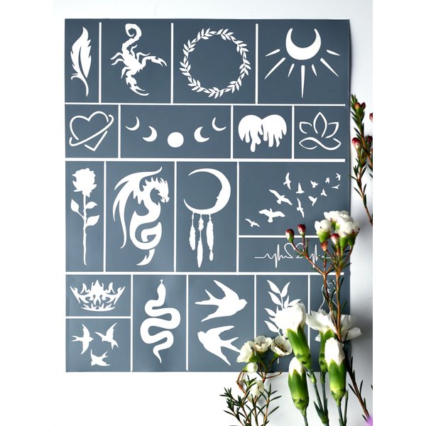 Henna Tattoo Stencil Kit, 19 PCS Temporary Glitter Airbrush Flower Moon Dragon Rose Tattoo Stencils for Women and Girls Arabian Tattoo Stickers for Face Paint Body Art (19pcs stencils floral)